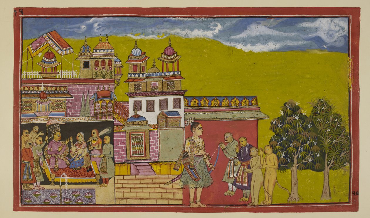 Lägg till 15296 (2) f.34r, Laksmana, fortfarande vid portarna till Kiskindha, välkomnas av Sugrivas ministrar, medan Sugriva inne i palatset får råd av sina ministrar och Tara. av Indian School