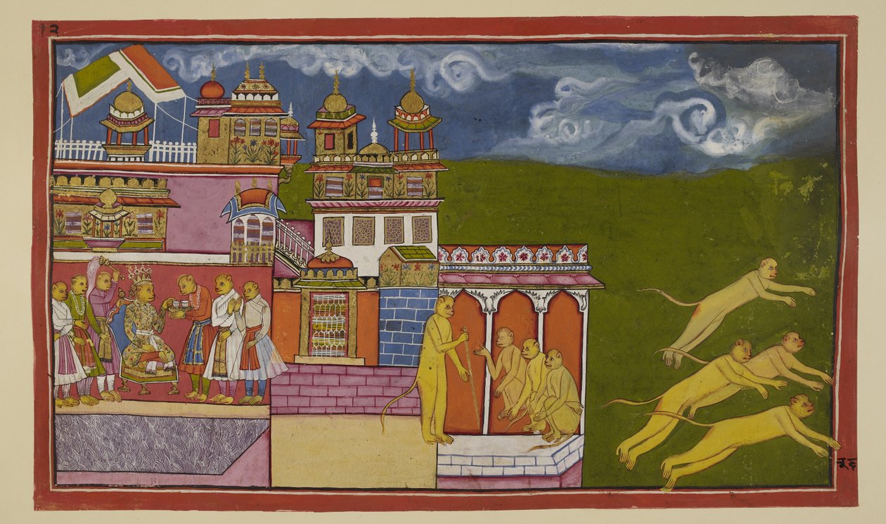 Lägg till 15296 (2) f.36r, I denna lite malplacerade illustration har Sugriva sittande på sin tron och accepterat en drink från en skötare fått rådet av Hanuman att blidka Laksmanas vrede. Sugriva har på Hanumans uppmaning skickat ut budbärare för att kall av Indian School