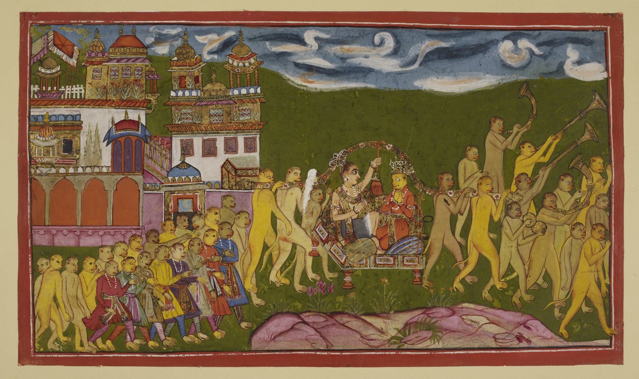 Add 15296 (2) f.43r, Sugriva och Laksmana transporteras i en gyllene kull, buren av apor, från Kiskindha av Indian School