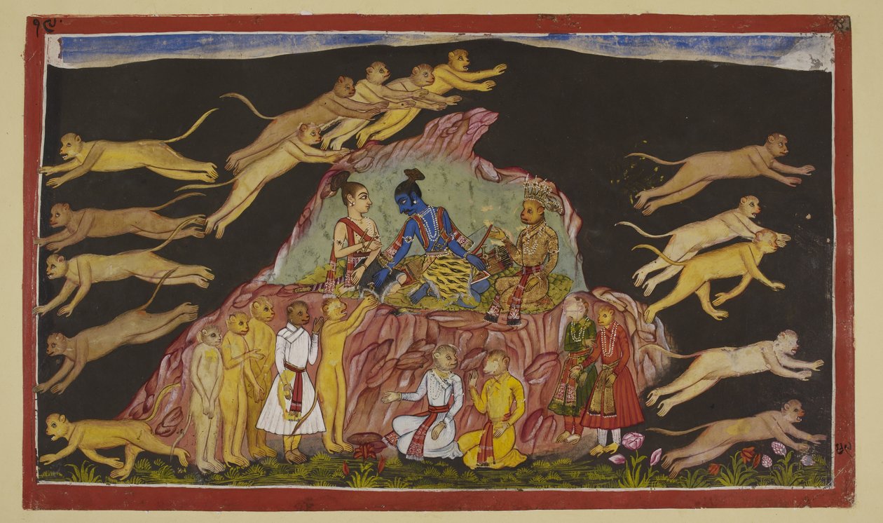 Lägg till 15296 (2) f.49r, Rama, Laksmana och Sugriva sitter på en stenig eminens. Sugriva delar upp sina enorma styrkor i fyra och skickar ut dem för att söka efter Sita i de fyra kvarteren. För varje truppledare beskriver han terrängen som de kommer att  av Indian School