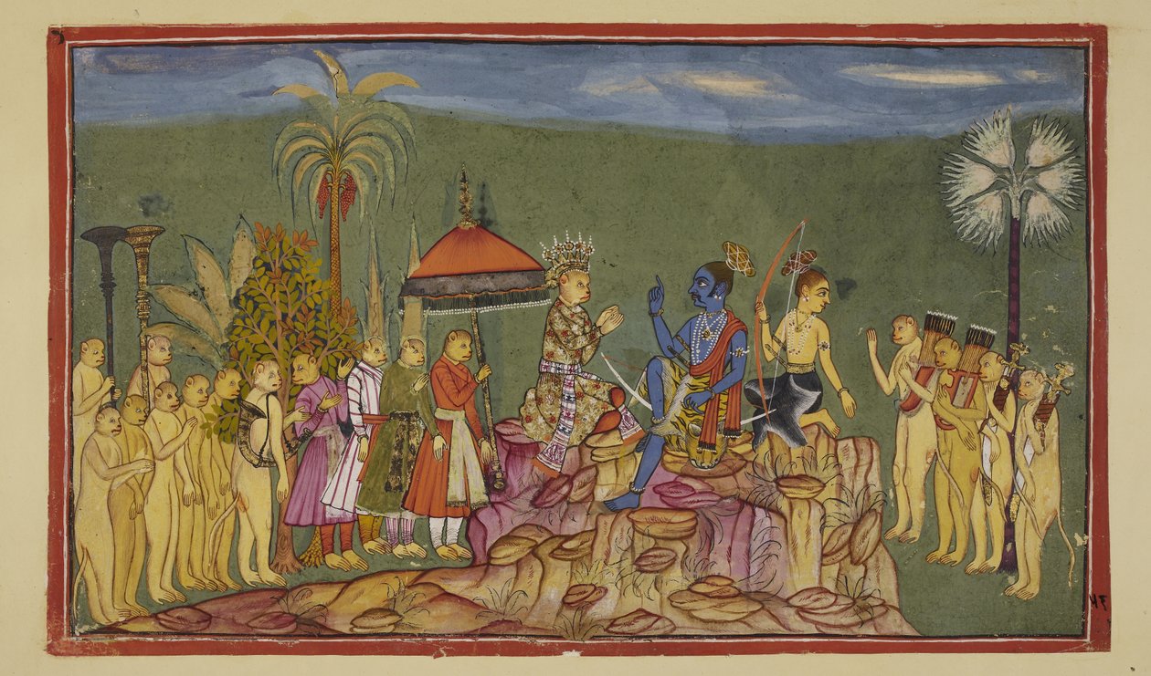Lägg till 15296 (2) f.56r, frågar Rama Sugriva, som tidigare beskrivit världens fyra fjärdedelar, hur han lärt känna dem så väl. Sugriva berättar för honom att han blev jagad genom de fyra kvarteren av sin bror Ba av Indian School