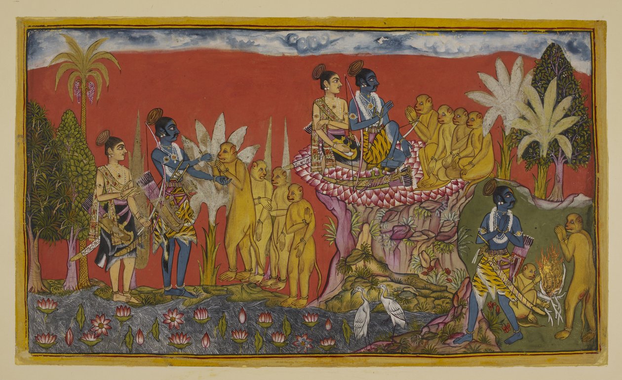 Lägg till 15296 (2) f.5r, Hanuman för nu Rama och Laksmana till Sugrivas närvaro på berget. Rama och Sugriva knäpper händerna som ett tecken på deras vänskapslöfte, iakttagna av Laksmana och de andra aporna; och sedan, i en liknande anda, går de två av Indian School