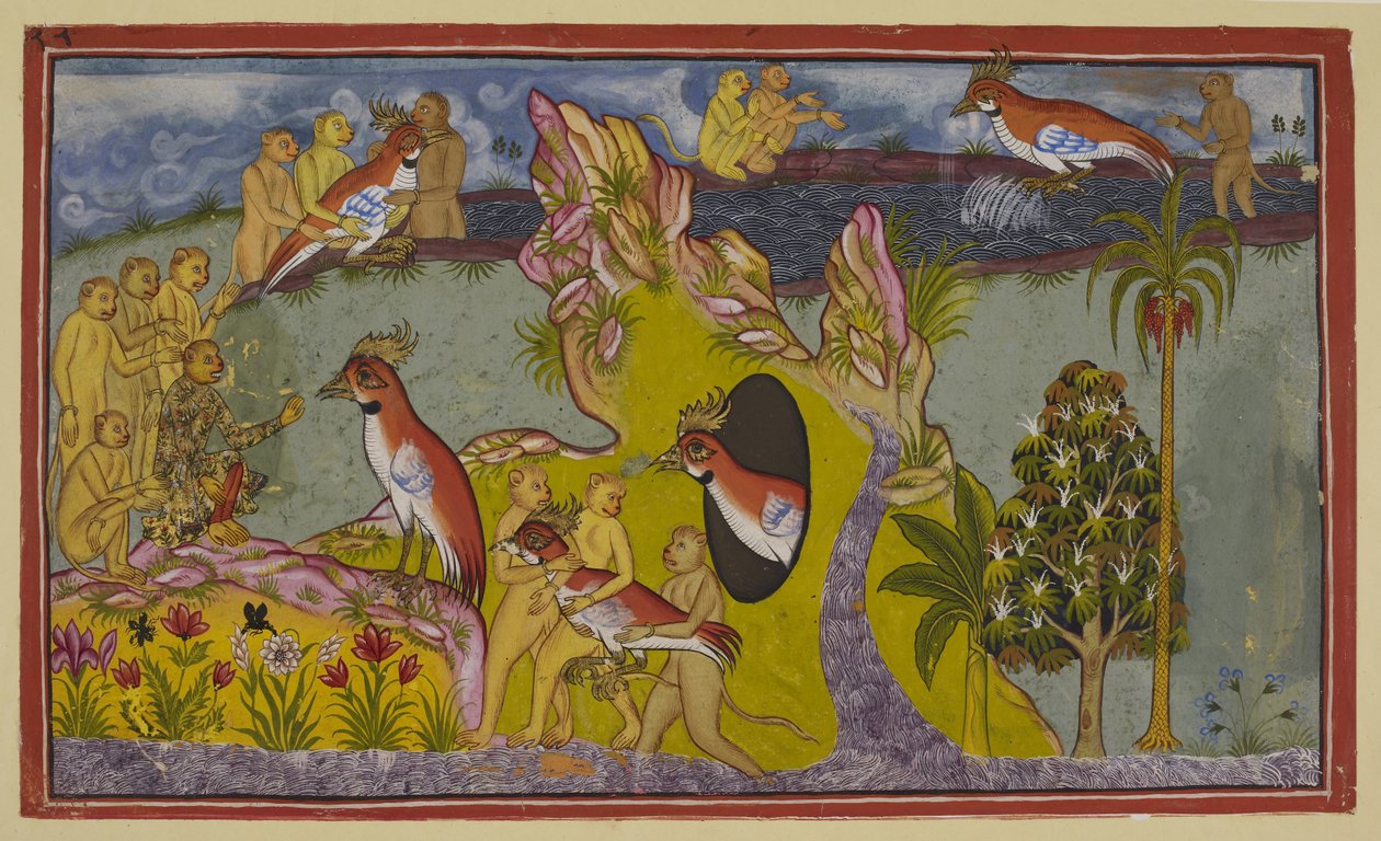 Lägg till 15296 (2) f.68r, Aporna har bestämt sig för att dö genom att svälta ihjäl sig själva på södra oceanens stränder istället för att återvända för att möta sin kungs vrede. De ses av den vinglösa gamen Sampati, bror till gamkungen Jatayu, som av Indian School