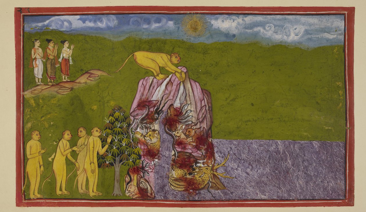 Lägg till 15296 (2) f.81r, På det stora havets stränder var aporna förskräckta över hur de kunde korsa den för att nå La?k?. Angada frågade dem alla hur långt de kunde hoppa, men ingen var säker på att hoppa så långt, förrän Jambavan uppmanade Hanuman, s av Indian School