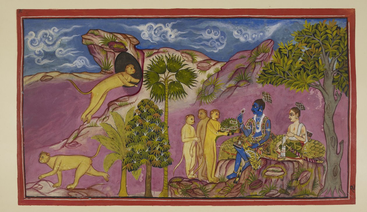 Lägg till 15296 (2) f.9r, Sugriva berättar för Rama att han har sett Sita bäras upp i en vagn av Ravana, kämpande och ropat namnen på Rama och Laksmana. När hon såg honom nedanför, släppte hon sina juveler och ett övre plagg. Sugriva springer till en grott av Indian School