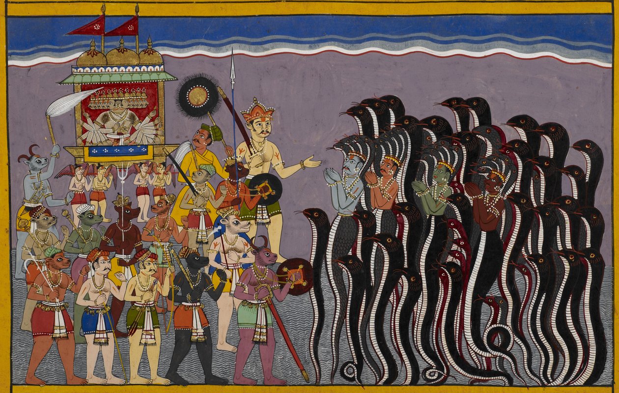 Lägg till 15297(2) f.43r Ravana går ner i vattenområdena eller rasatala, helvetet som ligger på havets botten. Vasuki, vattenguden och nagasna avbildas med händerna förenade och underkuvas av Ravana i sin vagn som är omgiven av demo av Indian School
