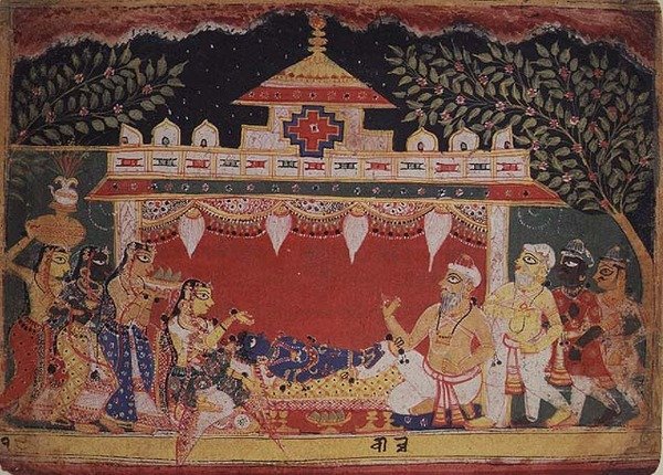 Tillbedjan av spädbarnet Krishna från en spridd 