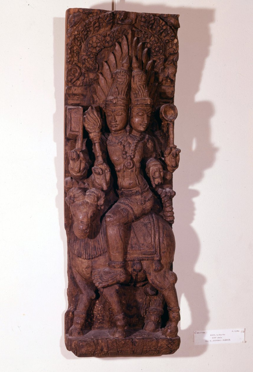 Agni, eldguden, avbildad med två huvuden (bicefal) på en bagge, enligt hinduisk mytologi. Träskulptur från 1600-talet. Paris, Musée Guimet. av Indian School