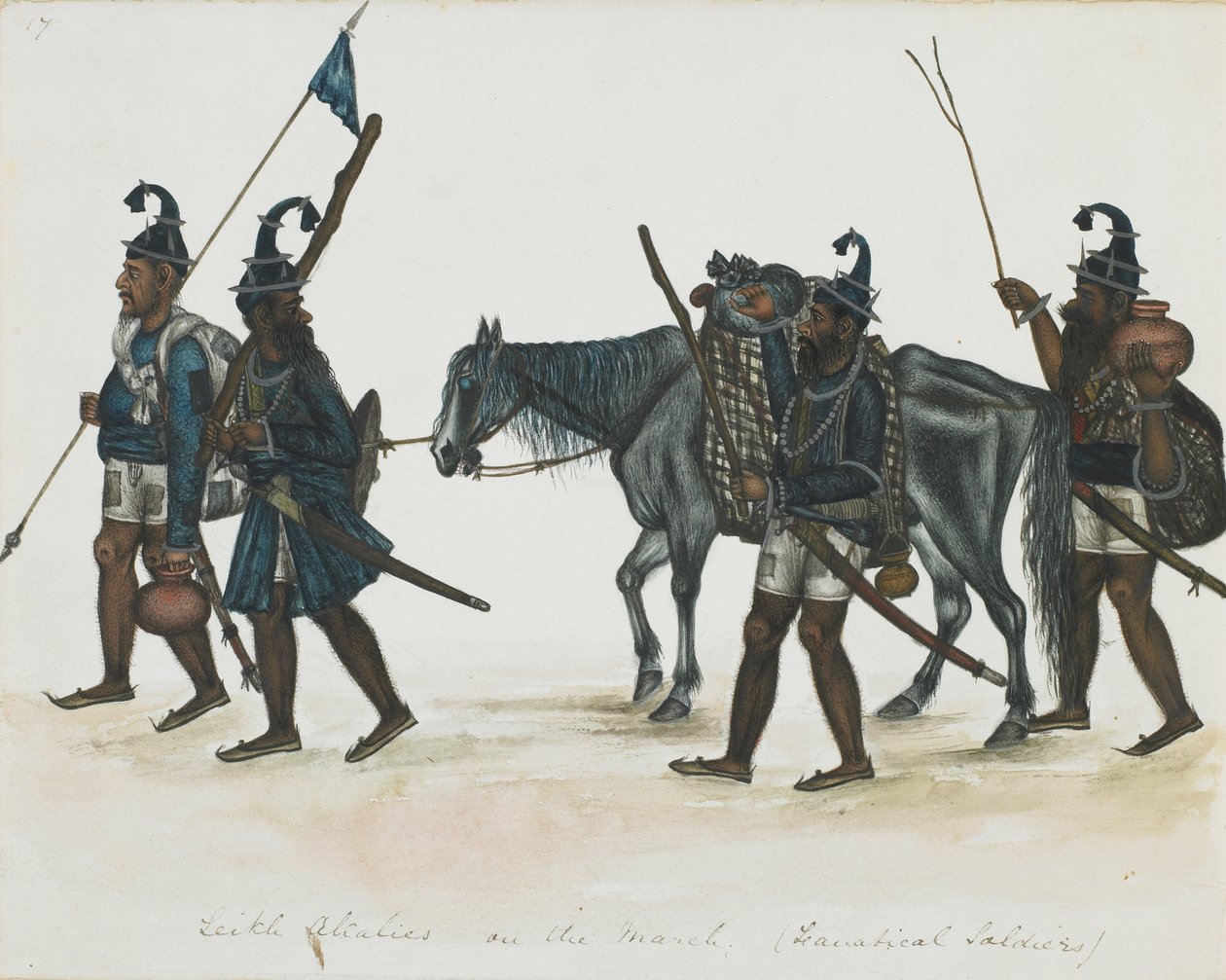 Akali Sikhs on the March, c.1850 (ogenomskinlig akvarell på papper) av Indian School