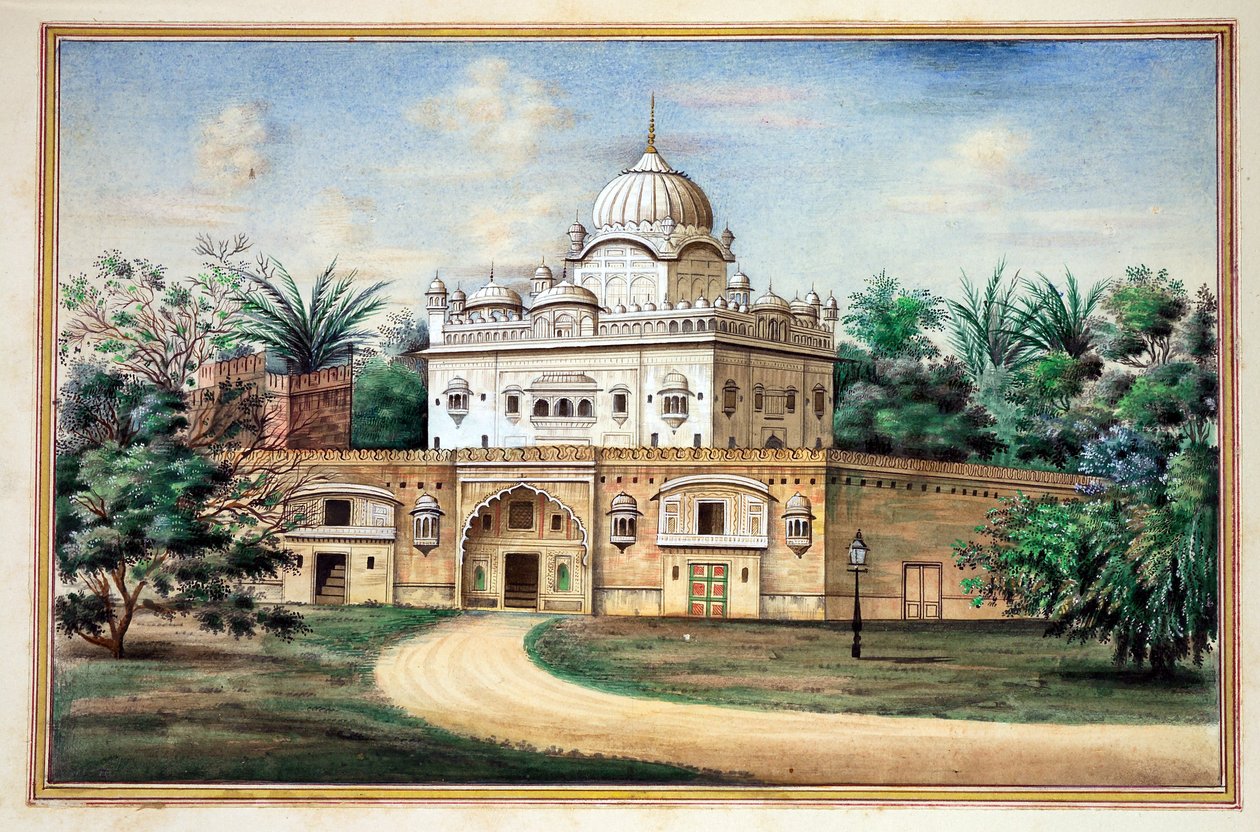 Akali Temple Amritsar, från The Kingdom of the Punjab, its Rulers and Chiefs, volym II, en volym med 30 akvarellstudier av en oidentifierad indisk konstnär, c.1840 (wc på papper) av Indian School