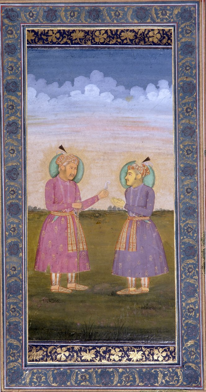 Akbar överlämnar en juvelbesatt fjäder till sin son Jahangir, ca 1845 (ogenomskinlig wc & guld på papper) av Indian School