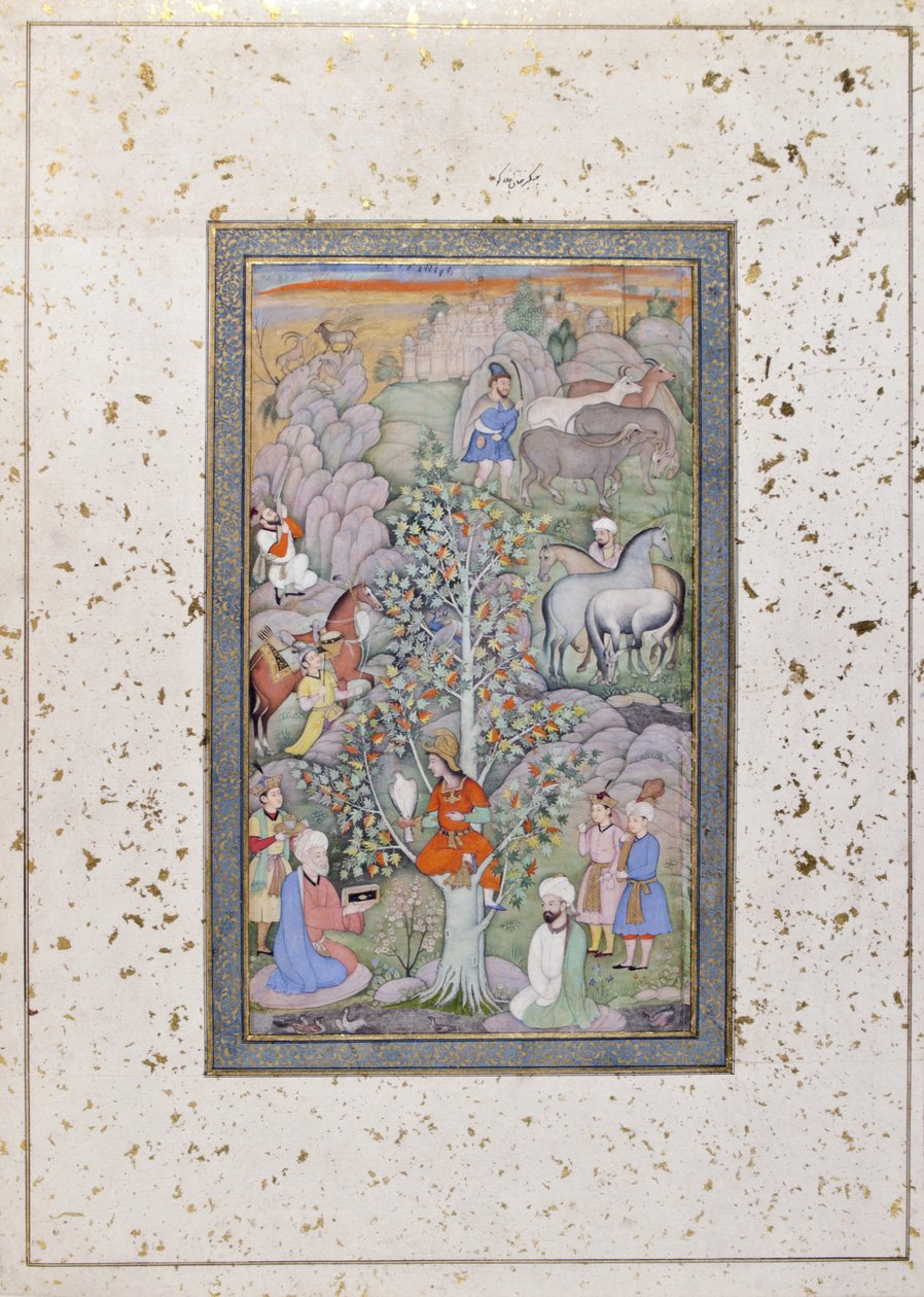 Alexander ifrågasätter filosofen, läkaren och bägaren, ca 1610 (ogenomskinlig wc & guld på papper) av Indian School