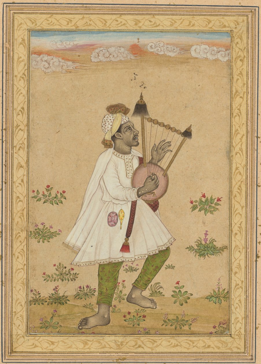 En afrikansk lyraspelare, ca 1640-1660 (bläck, opak akvarell och guld på papper) av Indian School