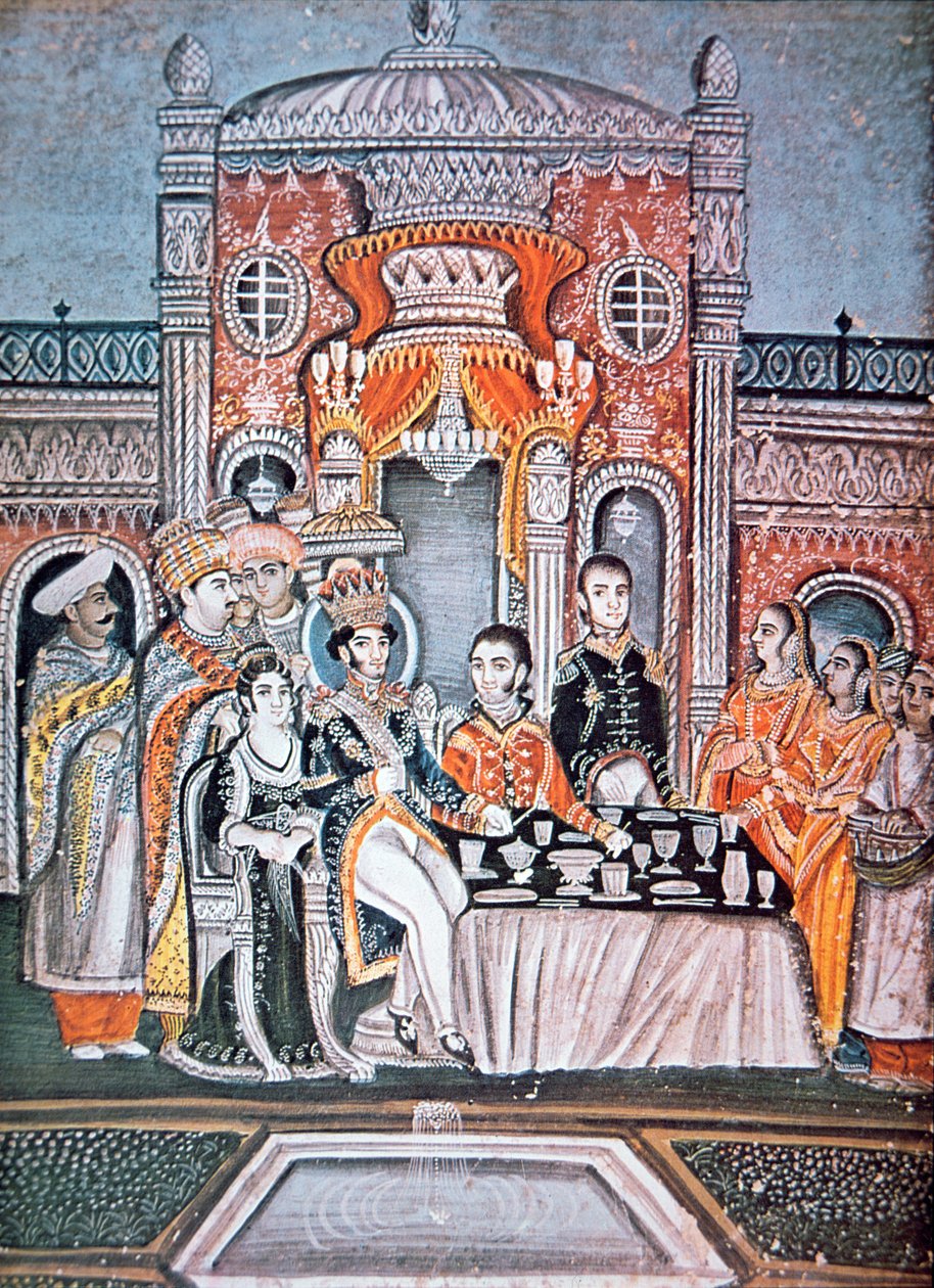 En indisk prins underhåller brittiska tjänstemän, ca 1810 (gouache på papper) av Indian School