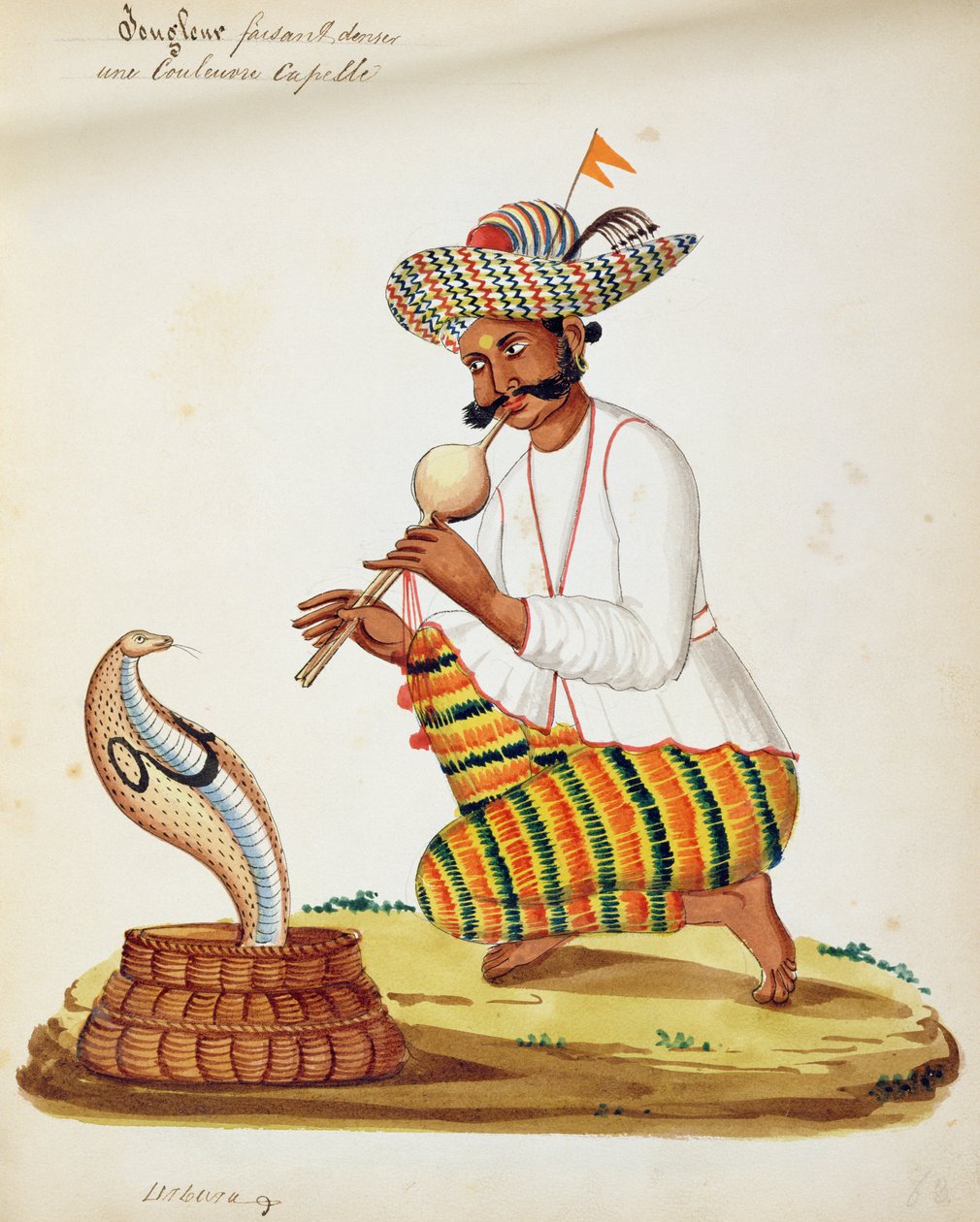 En indisk ormtjusare med en kobra, från ett franskt album med teckningar av Indian School