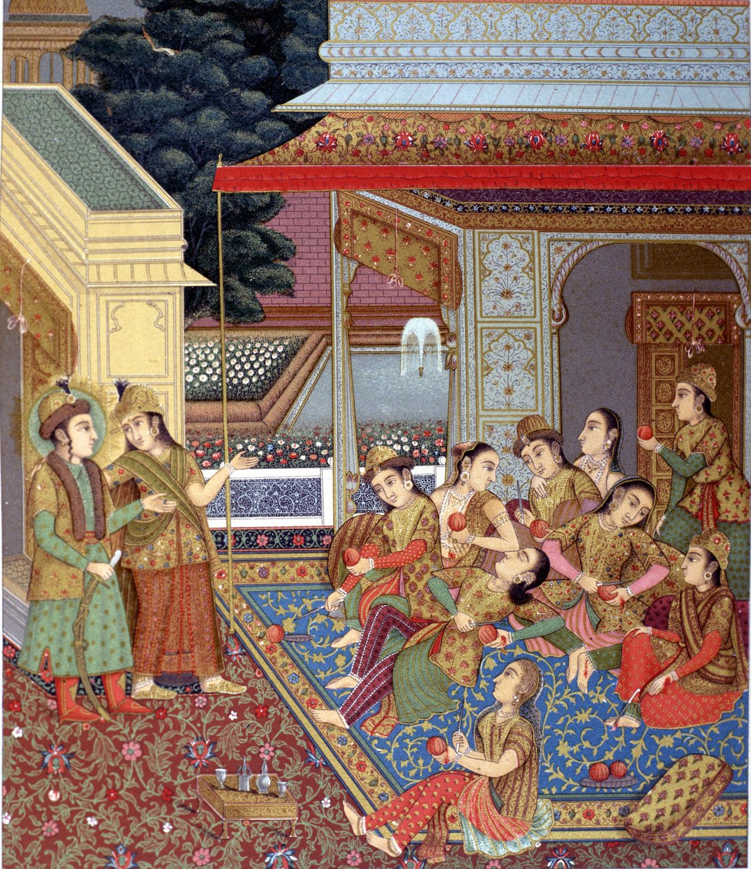 Ett indiskt harem. Illustration av en Moghol-miniatyr (skola för indiska miniatyrister från 1500- och 1600-talet). av Indian School