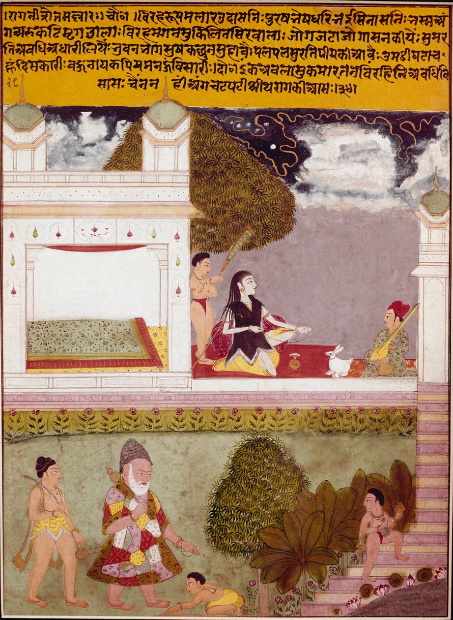 En askete lyssnar på musik på terrassen till ett miniatyrpalats i den indiska skolan, cirka 1760. Privat samling av Indian School