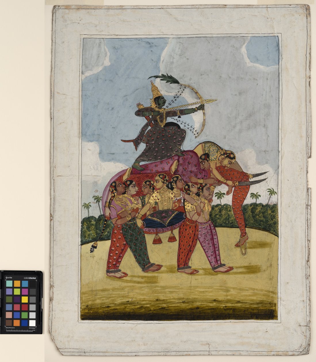 En elefant, sammansatt, uppbyggd av dansande kvinnor, fungerar som fäste för en bågskytt, ca 1825 (ogenomskinlig akvarell och guld på papper) av Indian School