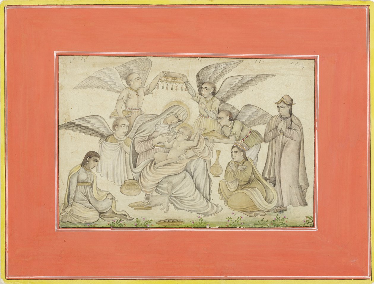 Angels Attend Mary and Jesus, c.1665 (ogenomskinlig wc & guld på papper) av Indian School