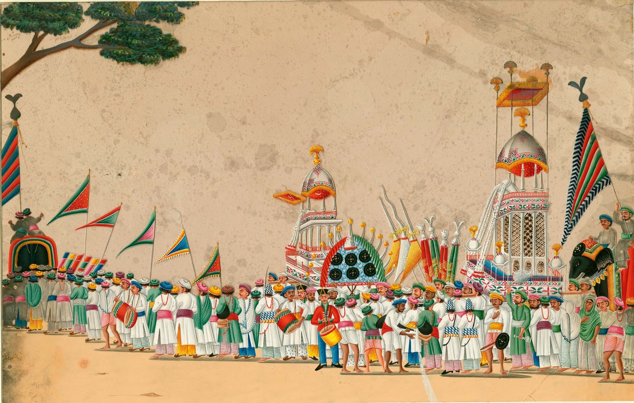 Indisk konst: Gouache procession cirka 1800 Dim 15x23,7 cm Privat samling av Indian School