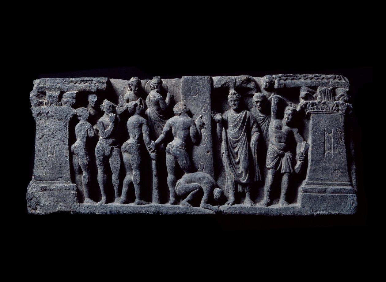 Art of Gandhara (eller grekisk-buddhism): "" Devadatta-bågskyttar attackerar Gautama"" (bågskyttar från Devatta attackerar Gautama Buddha) Relief av Gandhara-skolan - 2:a till 400-talet - Indian Museum, Calcutta Indien av Indian School