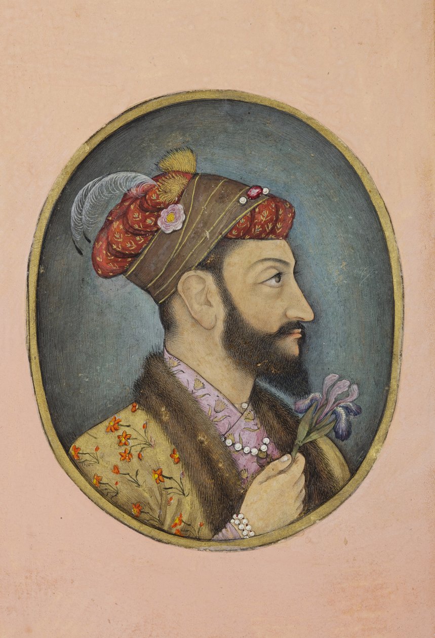 Aurangzeb Bahadur håller en iris, ca 1650 (ogenomskinlig wc & guld på papper) av Indian School
