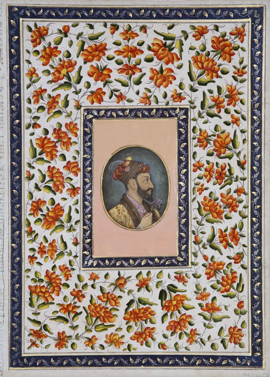 Aurangzeb Bahadur håller en iris, ca 1650 (ogenomskinlig wc & guld på papper) av Indian School