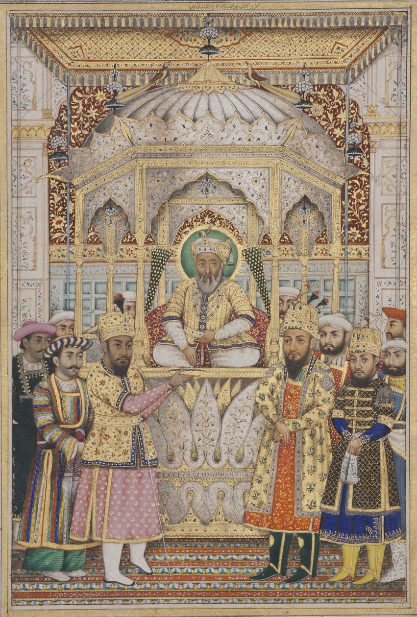 Bahadur Shah II i Darbar, ca 1837 (ogenomskinlig wc & guld på papper) av Indian School