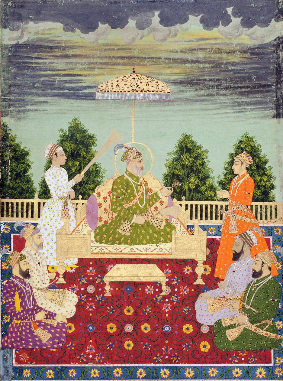 Bahadur Shah med sina fyra söner och ett barnbarn, ca 1710 (akvarell & guld på papper) av Indian School