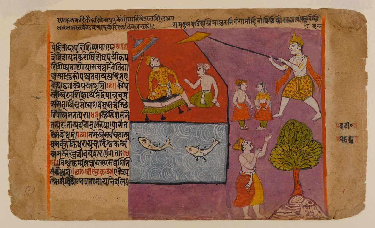 Balarama Akiivuta Hastinapur kuelekea Ganges, ukurasa kutoka mfululizo wa Bhagavata Dasamskanda, katikati ya karne ya 17 (wc, dhahabu na fedha kwenye karatasi) av Indian School