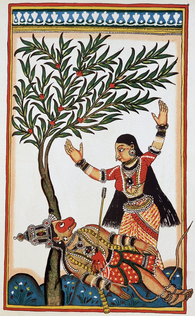 Bali dödades av en pil, bredvid honom Tara hans fru, litho artonde. av Indian School