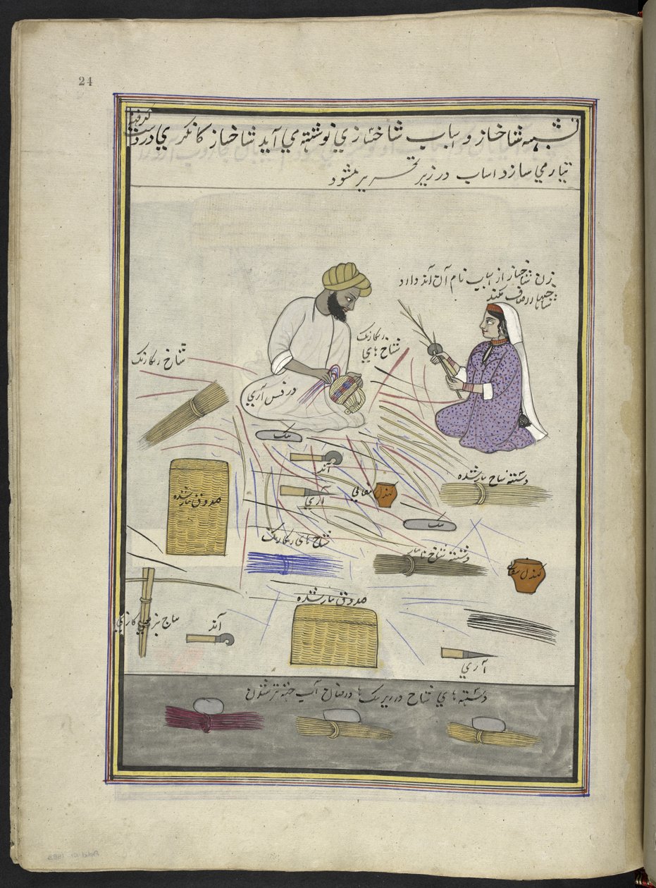 Korgmakare och hans fru,  86 teckningar inbundna i en volym som visar yrken och yrken i Kashmir, hantverkare visas i arbete med sina redskap och utrustning,  Av en Kashmir-konstnär, troligen i Srinagar, ca 1850-60 (gouache på papper) av Indian School