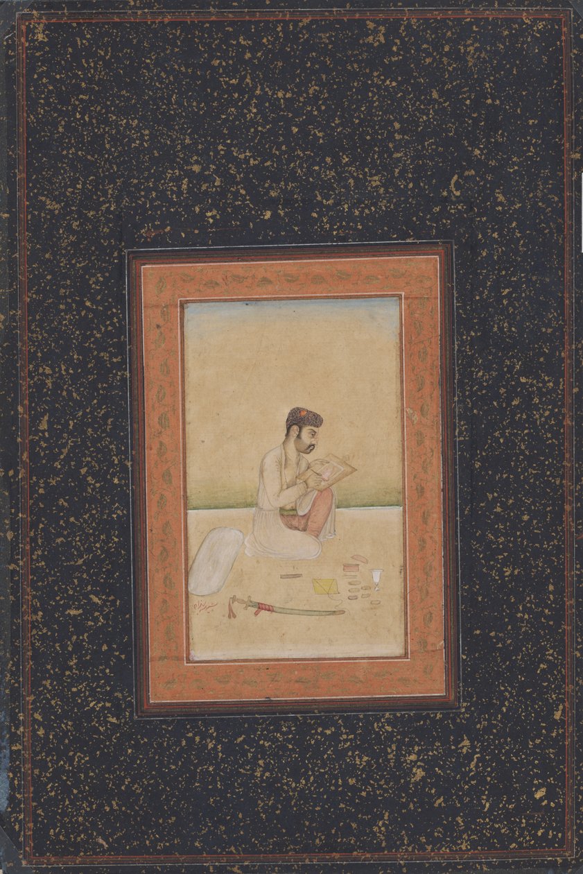 Behzad målaren med glasögon (bläck, färg & guld på papper) av Indian School