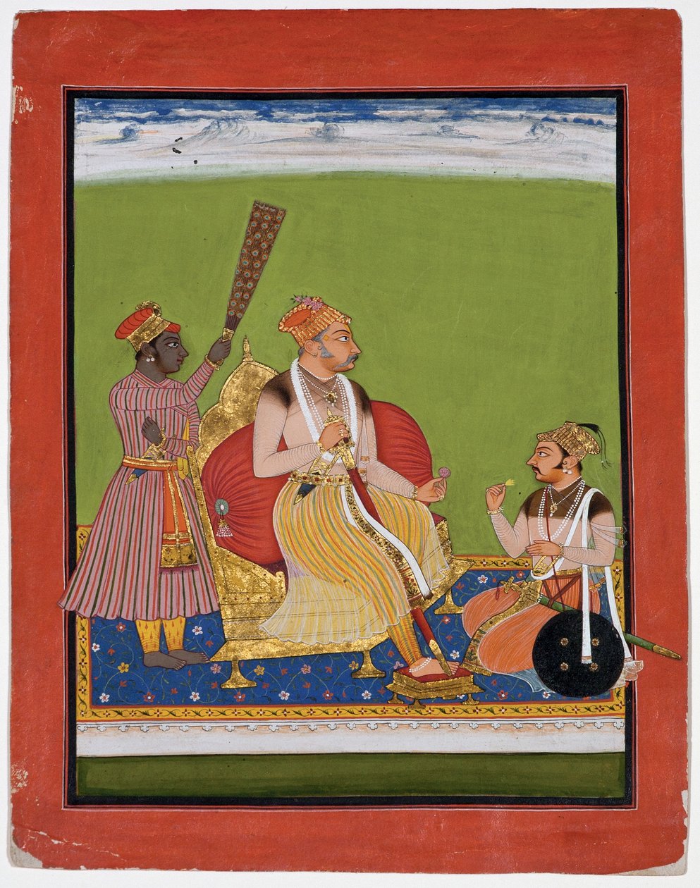 Bhao Singh tronade med en adelsman vid sina fötter, ca 1680 (ogenomskinlig wc & guld på papper) av Indian School