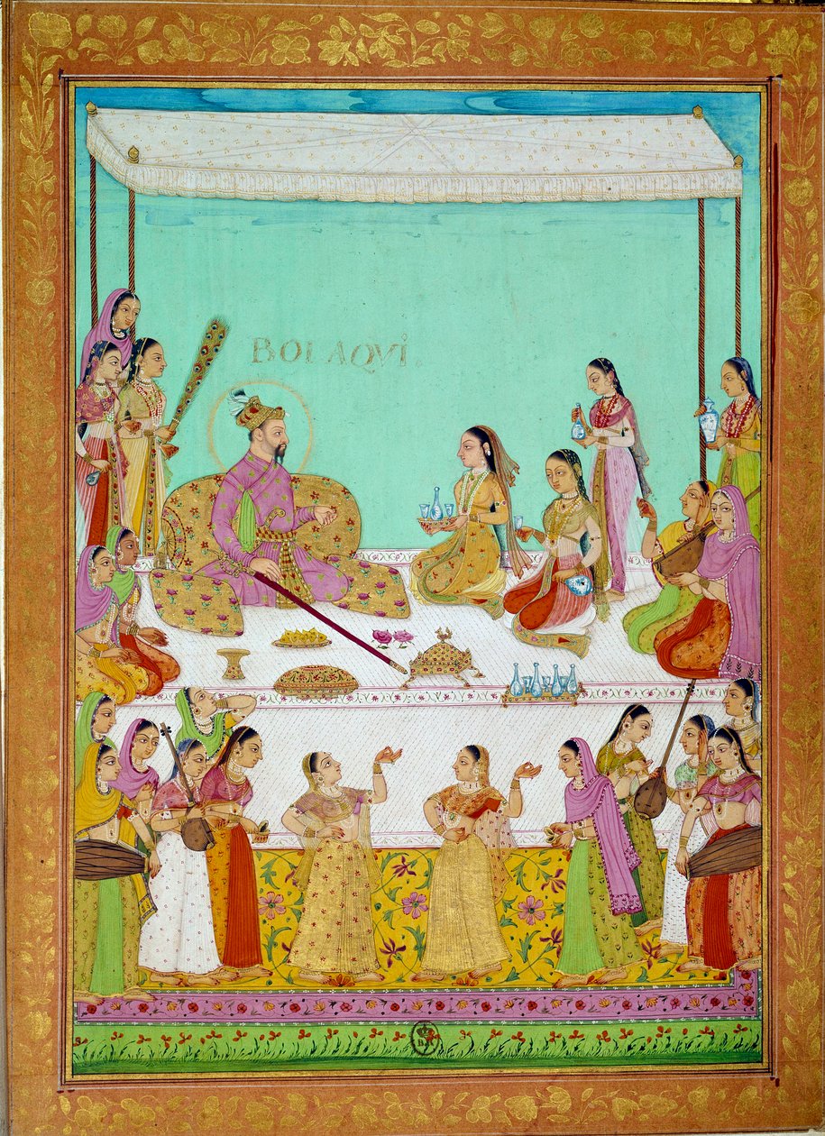 Bolaqui (eller khosrou) son i Jihangir med Shah Alems domstol. Miniatyr från en reseberättelse av Niccolo Manucci (1638 - 1717), venetiansk upptäcktsresande. Indien av Indian School