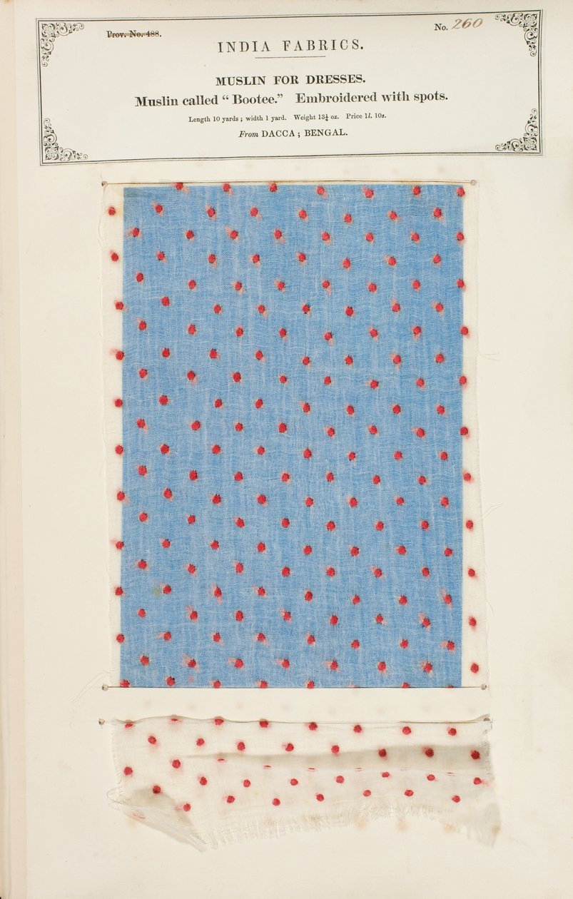 Bootee-muslinprov broderat med fläckar från Dacca i Bengalen, från The Collection of the Textile Manufacturers of India, av John Forbes Watson, publicerad 1866 av Indian School