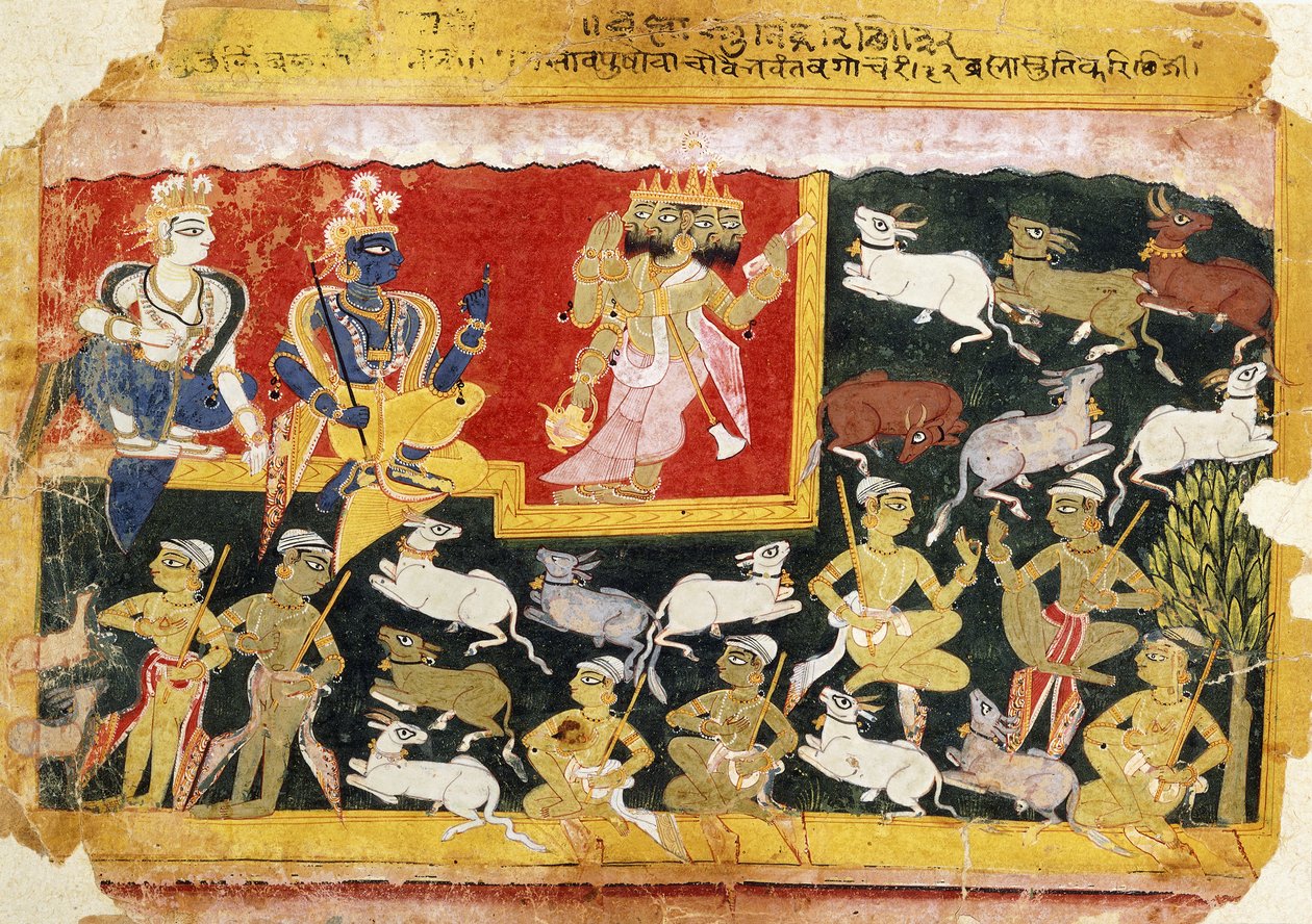 Brahma erbjuder hyllning till Krishna som inkarnationen av Vishnu, ca 1540-1575 av Indian School