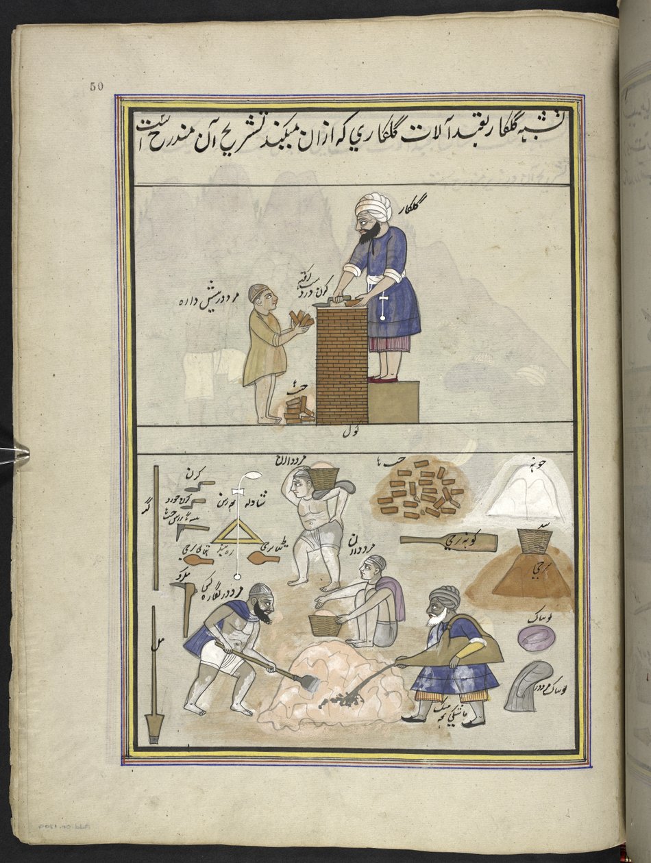 Murare,  86 teckningar inbundna i en volym som visar yrken och yrken i Kashmir, hantverkare visas i arbete med sina redskap och utrustning,  Av en Kashmir-konstnär, troligen i Srinagar, ca 1850-60 (gouache på papper) av Indian School