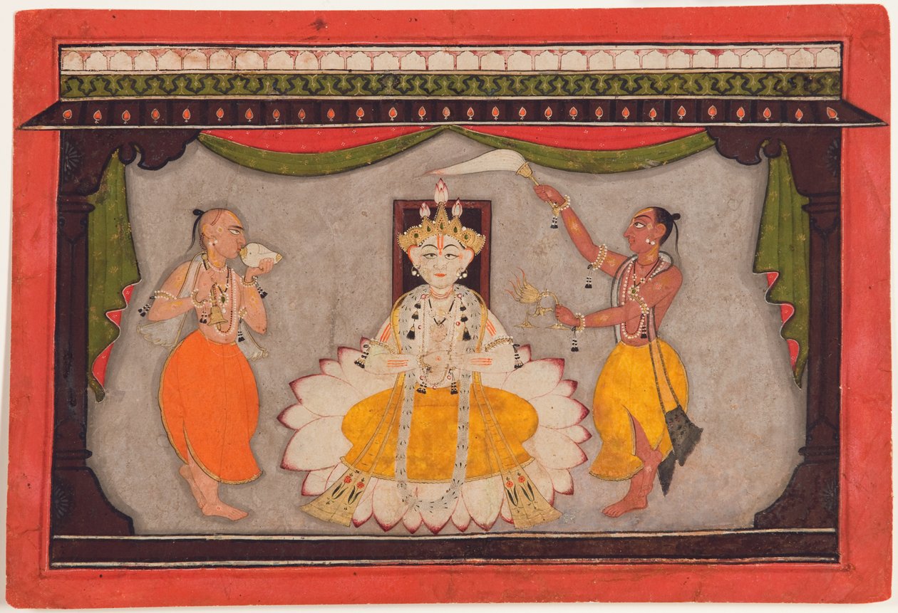 Buddha-avatar av Vishnu, ca 1700 (ogenomskinlig wc, guld- och skalbaggesköld på papper) av Indian School