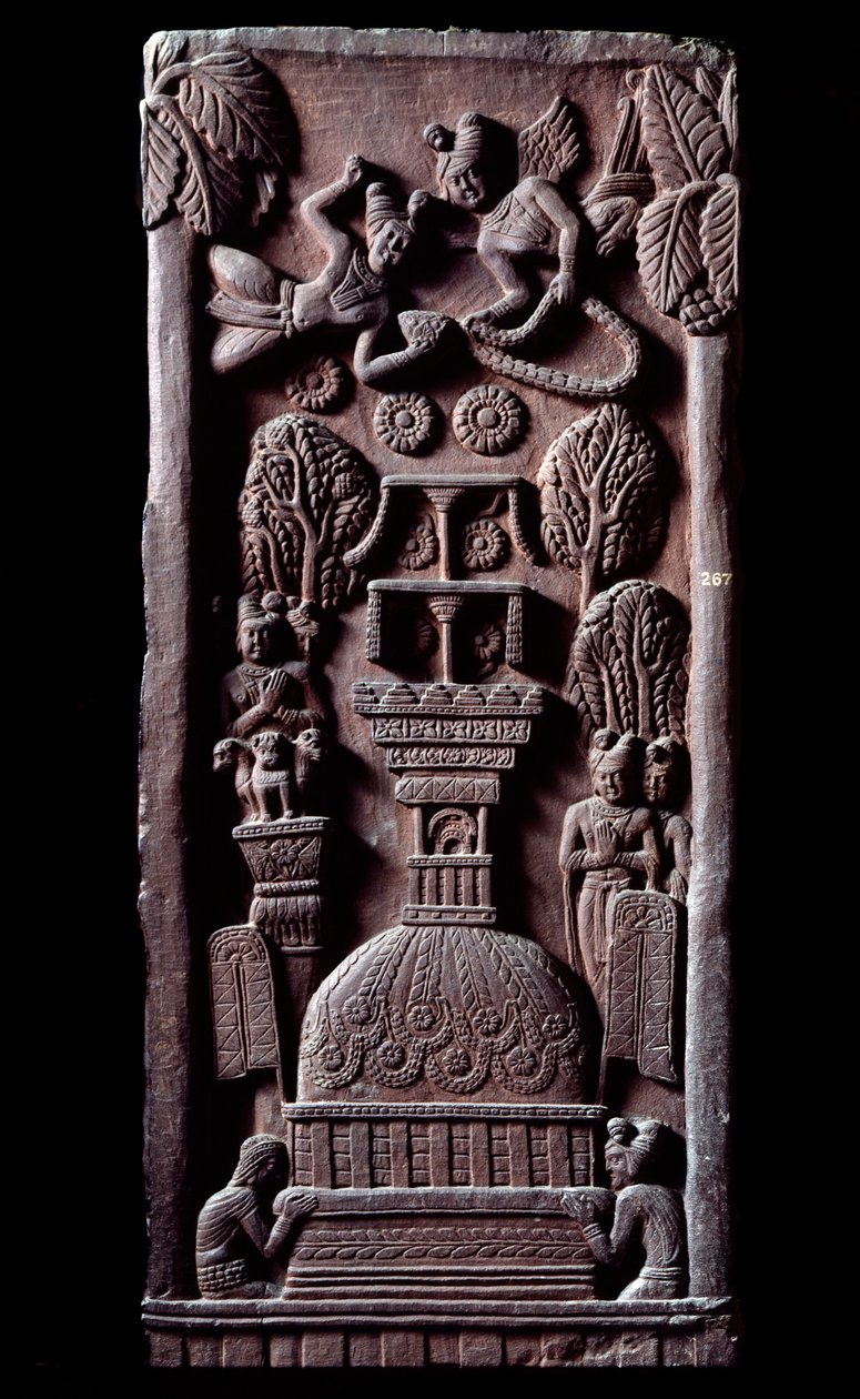 Buddhism: "" Mahaparinirva a ou parinirvana, slutet på Buddhas jordiska existens, når nirvana"" (Parinirvana, sista nirvana, som inträffar vid döden av Buddhas kropp) detail du stupa de Bharhut (Barhut, Barouth) Låg relief av svart av Indian School