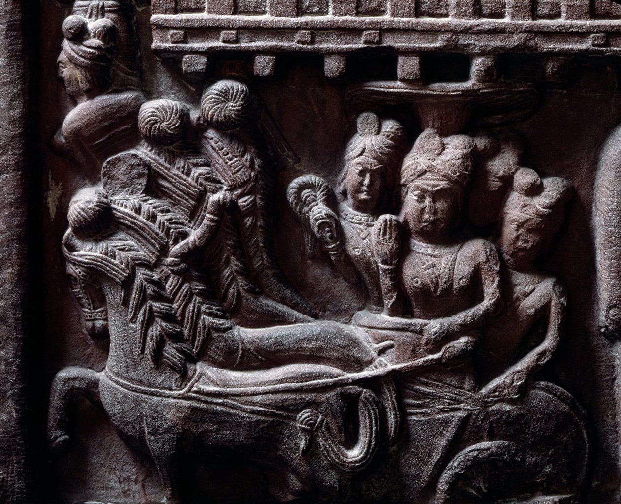 Buddhism: "" Prasenjits sista besök i Buddha" (Prasanjits sista besök i Buddha) detail du stupa de Bharhut (Barhut, Barouth) Lågrelief av svart sten, 2:a århundradet f.Kr. (2:a århundradet f.Kr.) - Kolkata, indiskt museum av Indian School