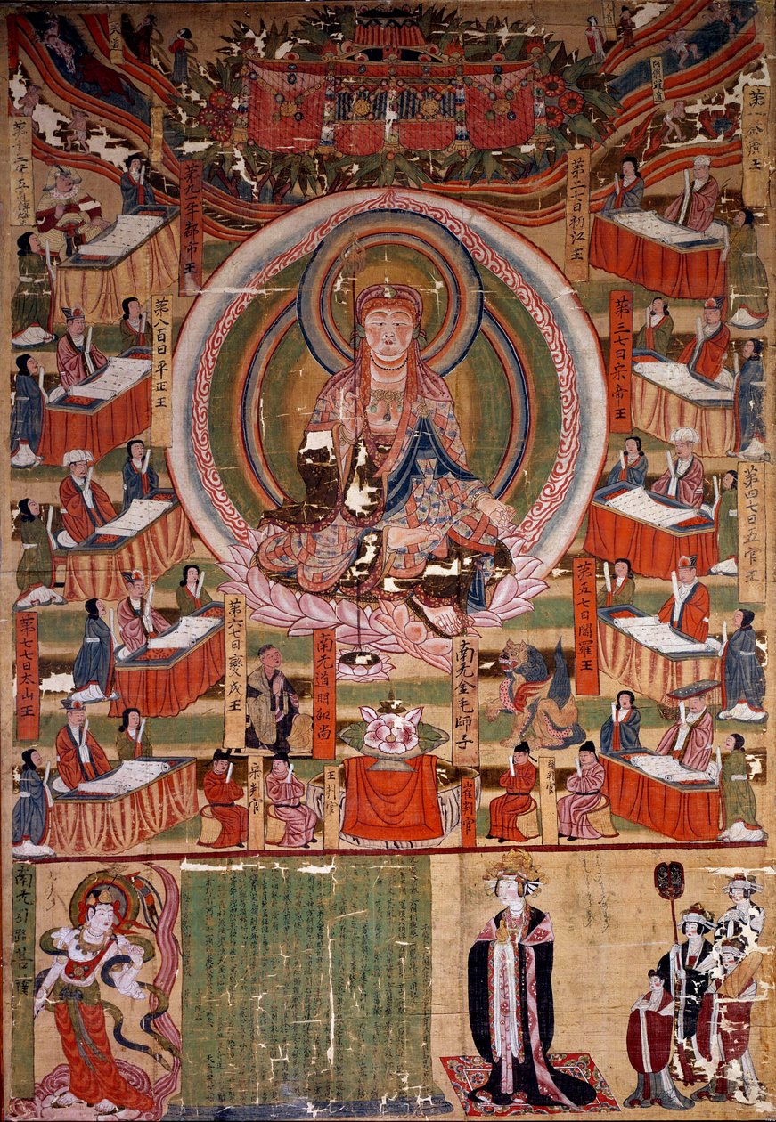 Buddhism: "" Bodhisattva (eller Bodhisatta) Ti-tsang, mästare över de sex villkoren och helvetets tio kungar (Ksitigarbha)"" Målning från 983, Indien. Dämpa. 0,22x0,4 m. Paris, Guimet-museet, Nationalmuseet för asiatisk konst av Indian School