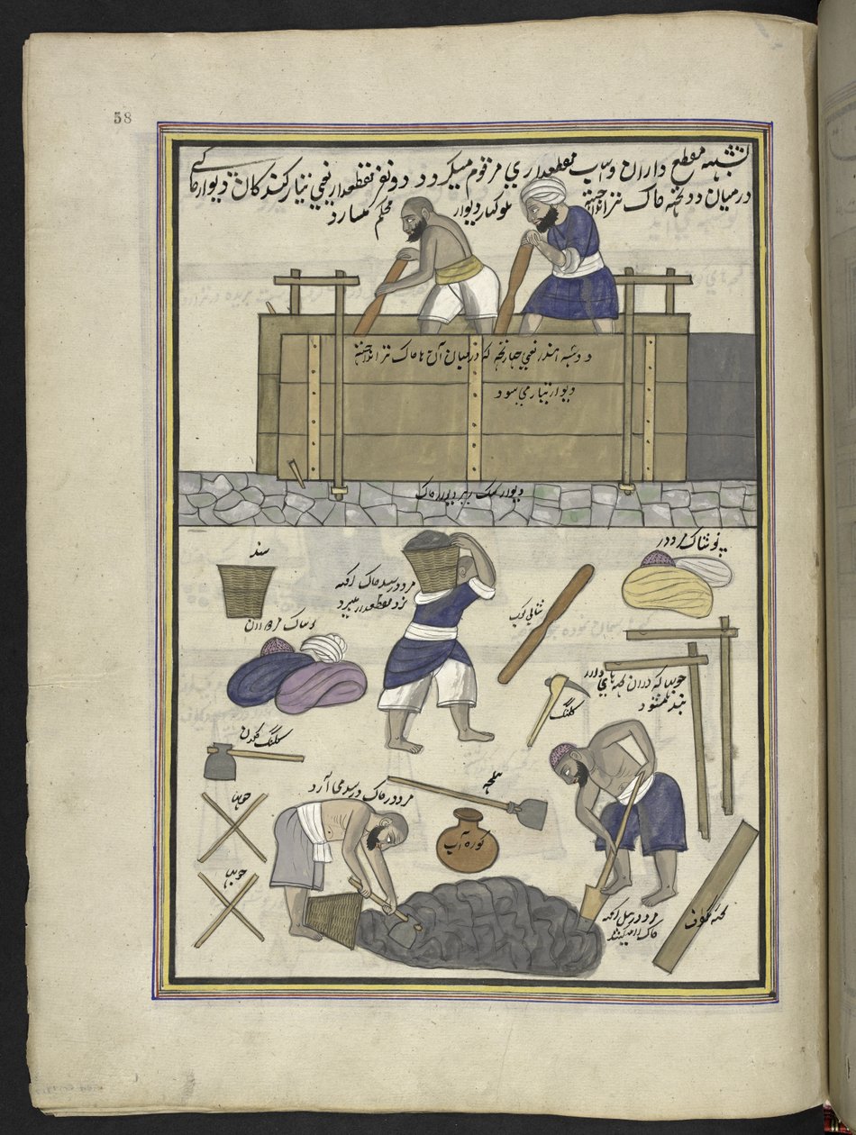 Byggare av lerväggar,  86 teckningar inbundna i en volym som visar yrken och yrken i Kashmir, hantverkare visas i arbete med sina redskap och utrustning,  Av en Kashmir-konstnär, troligen i Srinagar, ca 1850-60 (gouache på papper) av Indian School