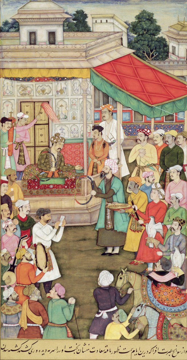 CBL Om 03.54 tar Akbar (r.1556-1605) emot gåvor från ambassadörerna i Badakhshan, från Akbarnama, ca 1605 av Indian School