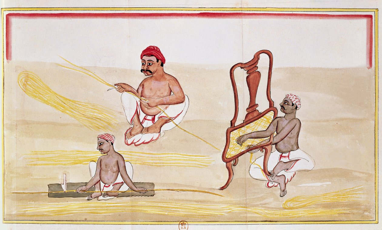 Caning-stolar för export till Storbritannien (penna & bläck och wc på papper) av Indian School