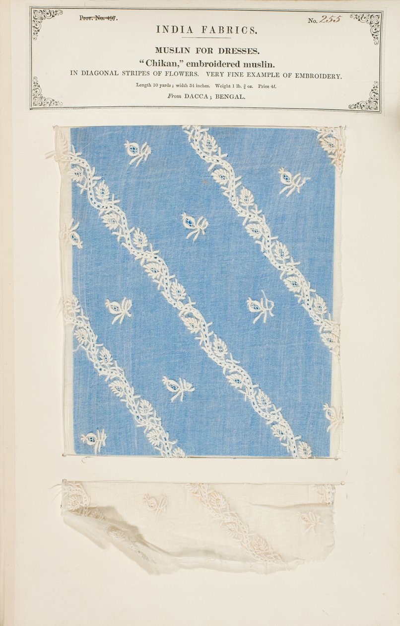 Chikan broderat muslinprov från Dacca i Bengalen, från The Collection of the Textile Manufacturers of India, av John Forbes Watson, publicerad 1866 av Indian School
