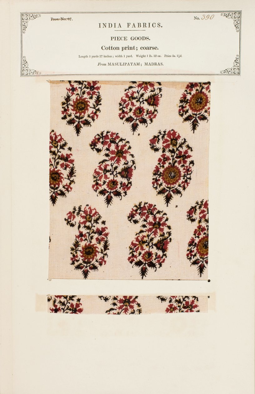 Grovt bomullstryckprov från Masulipatam i Madras, från The Collection of the Textile Manufacturers of India, av John Forbes Watson, publicerad 1866 av Indian School