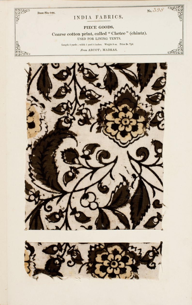 Grovt bomullsprov med chetee (chintz) mönster från Arcot i Madras, från The Collection of the Textile Manufacturers of India, av John Forbes Watson, publicerad 1866 av Indian School