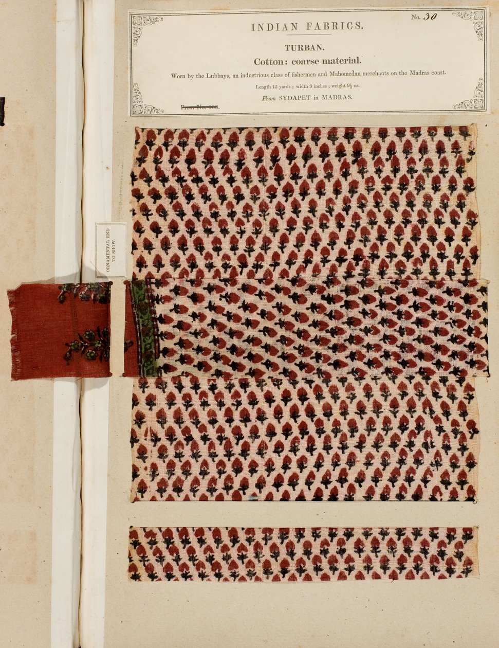Grovt bomullsturbanprov från Sydapet i Madras, från The Collection of the Textile Manufacturers of India, av John Forbes Watson, publicerad 1866 av Indian School