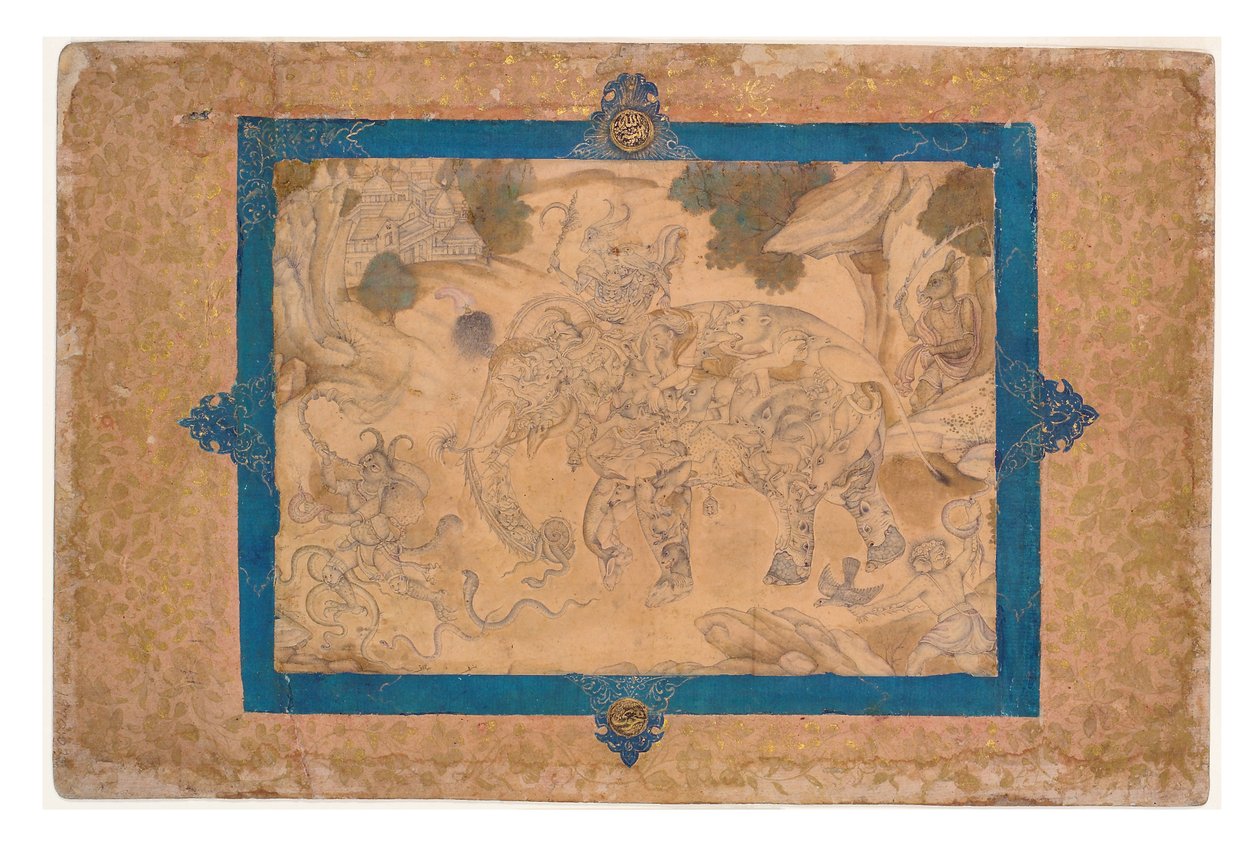 Composite Elephant and Other Creatures, c.1600 (ogenomskinlig wc & guld på papper) av Indian School